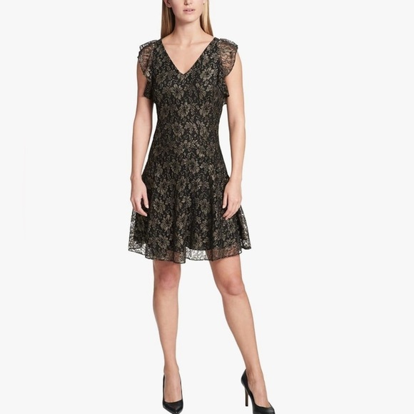 Tommy Hilfiger Black Gold Floral Mesh Lace Dress Flutter Sleeve Dress Sz. 12 - Picture 5 of 14